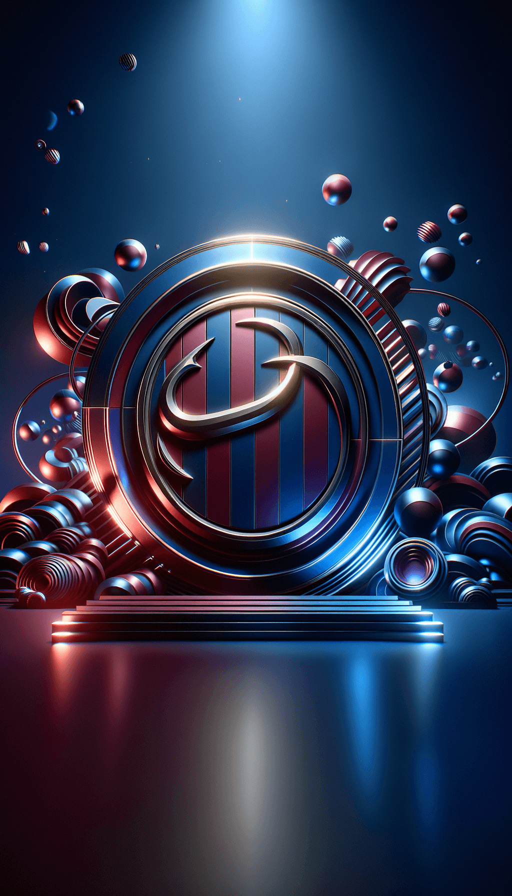 A visually immersive 3D wallpaper featuring the FC Barcelona club logo in a bold, three-dimensional design at the center. The logo should appear to be floating, with a subtle metallic texture and a glowing effect, creating depth and a sense of movement. The background should be rich with dynamic, abstract 3D shapes in deep blue and maroon, the team’s colors, arranged in layers to enhance the depth. Incorporate realistic lighting and shadow effects to add dimension, with subtle reflections or gleaming accents that evoke the atmosphere of a grand football stadium. The overall style should be powerful, modern, and sleek, celebrating the club's vibrant energy and legacy."