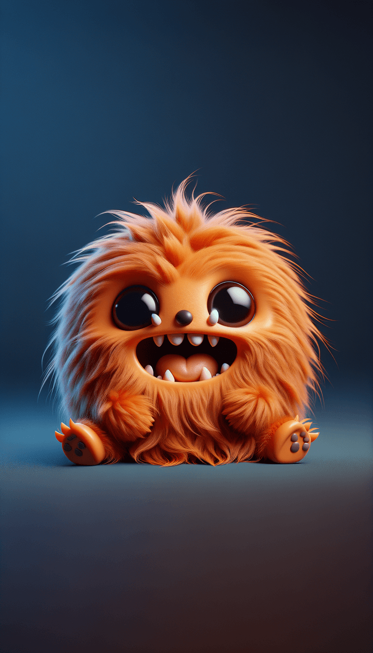3D render of a cute orange monster on a dark blue background, digital art