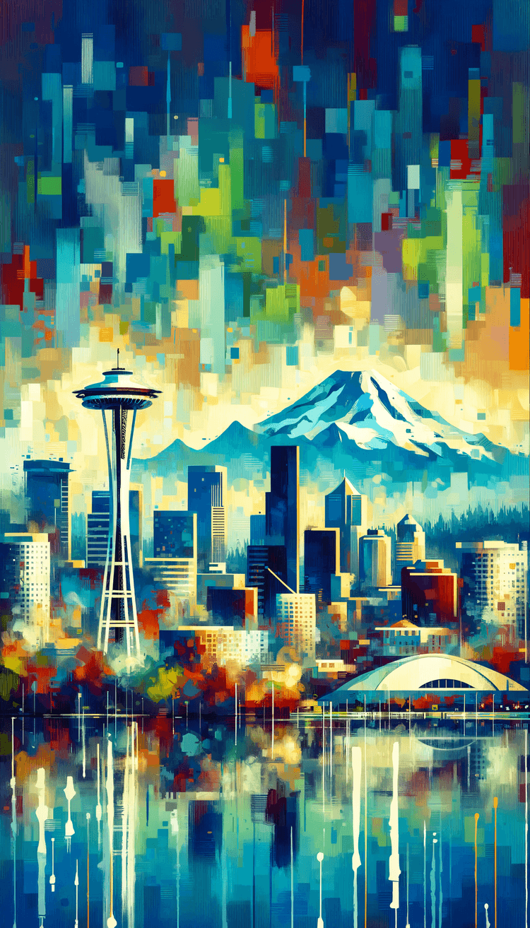 An abstract painting of the seattle skyline featuring the space needle and mount rainier