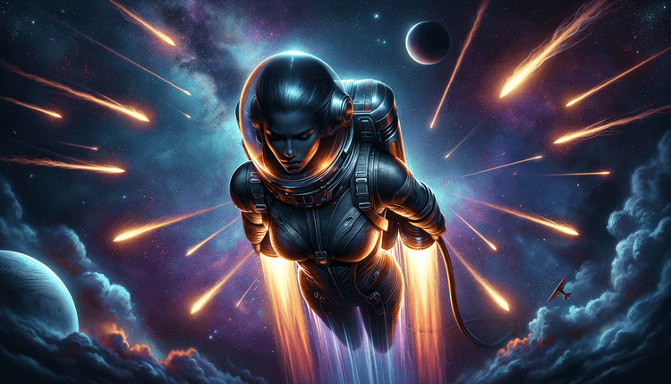 A close-up of an astronaut powered by a jet pack sailing across a vibrant night sky with meteors streaking through the background