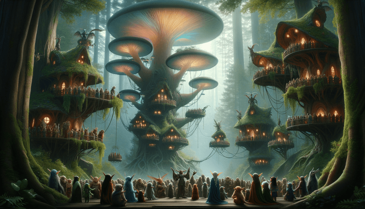 A dense enchanted forest where treehouses are connected by suspended bridges, and diverse elves and creatures celebrate under giant luminescent mushrooms