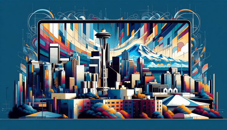 An abstract painting of the seattle skyline featuring the space needle and mount rainier