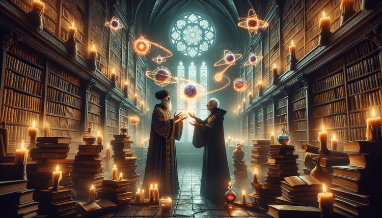 In a Gothic library with towering bookshelves and flickering candles, a wizard and an elderly alchemist collaborate on a spell, their hands glowing as they levitate ancient tomes and potion vials